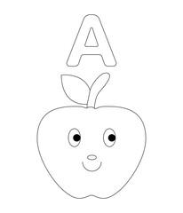funny apple character with the letter A outline for kids coloring book page and educational