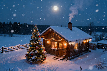 Snowy cabin with Christmas tree under moonlight
