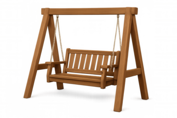 Wooden outdoor porch swing for relaxing in garden or backyard, enjoying comfort and leisure