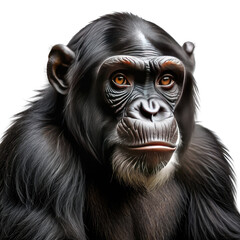 Chimpanzee face with curious eyes, fur, and neutral expression