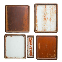 Arrangement of aged metal panels with weathered textures and worn finishes