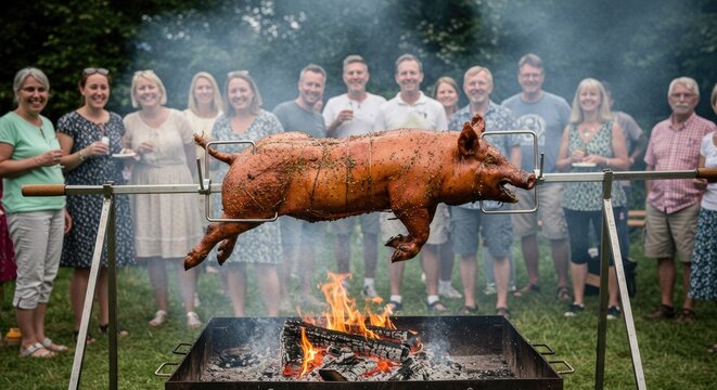Roasted pig on a spit over fire with a group of people watching