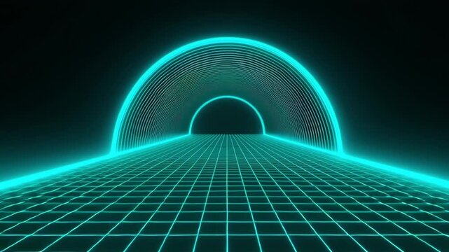 Futuristic neon grid landscape with glowing blue lines, digital tunnel, and abstract mountains evokes retro 1980s vibe, creating glowing loop of technology, speed, nostalgia, and endless possibilities