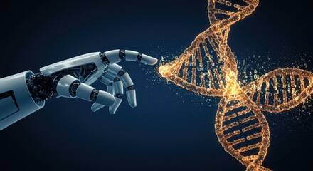 Robotic hand touching dna strand symbolizing technology and science