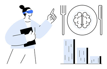 Person with VR headset pointing upward, brain on a plate with fork and knife, stacked bar chart. Ideal for innovation, education, progress, technology, strategy, nutrition conceptual thinking