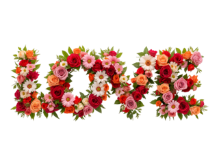 Colorful floral arrangement spelling the word L O V E isolated on a transparent background