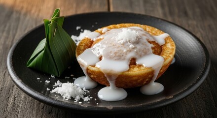 Delicious Thai Coconut Pudding with Pandan Wrapping on a Black Plate