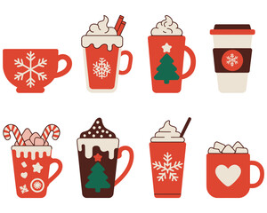 A delightful collection of cute cartoon Christmas mugs and hot drink cups, perfect for winter holiday designs