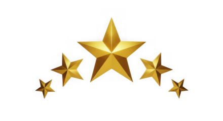 Five golden stars isolated on transparent background for rating and awards