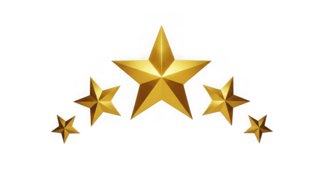Five golden stars isolated on transparent background for rating and awards