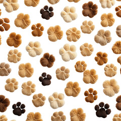 Paws Seamless scattered pattern of various fluffy cat paws on dark background