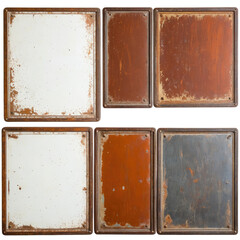 Six rusty metal signs in two rows of worn surfaces and edges