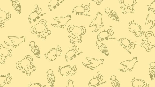 A light yellow background with a repeating pattern of various cute animal illustrations.