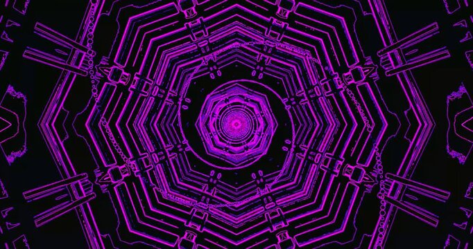 A mesmerizing tunnel video features intricate purple patterns that seamlessly loop, creating a dynamic visual display. Perfect for screensavers or ambient entertainment.