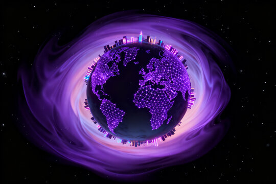 Globe with digital cityscape and cosmic swirl - Powered by Adobe