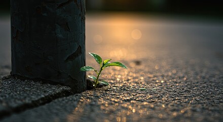 Small plant sprouting from concrete with sunlight in the background
