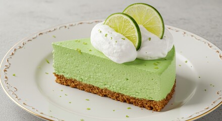 Slice of key lime pie dessert on a plate with green frosting