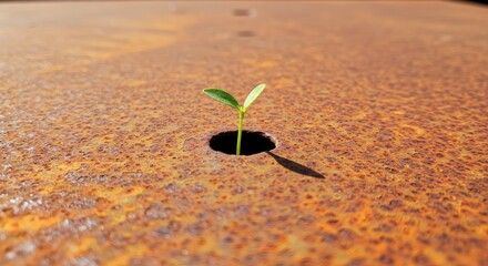 Small plant emerging from rusty metal surface outdoors under sunlight