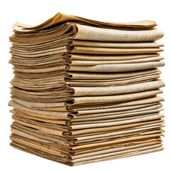 Tall stack of aged, layered newsprint papers against a dark background