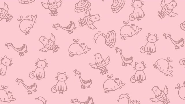 Pink background with repeating pattern of various cartoon animals, including birds and cats.