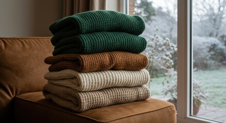 Stack of folded sweaters on a sofa near a window with a soft blurred background