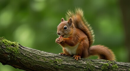 Squirrel on a tree branch eating nut with lush green background