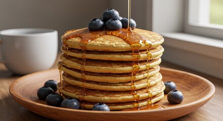 Stack of pancakes with syrup and blueberries on a plate