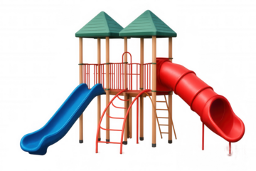 Modern outdoor playground structure with red tube slide, blue open slide, and climbing ladders inviting children to play and engage