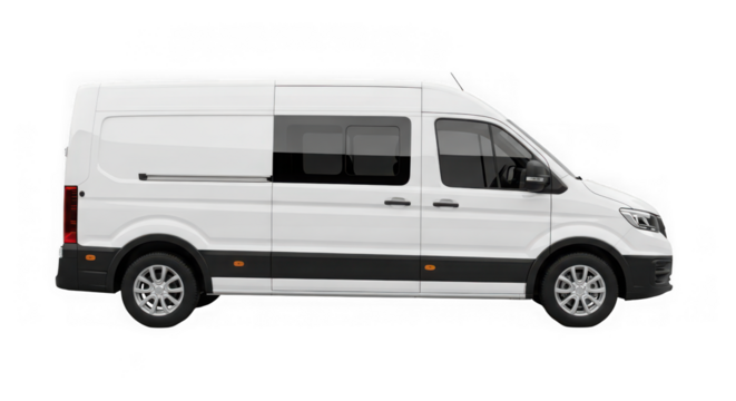 White van isolated on transparent background, side view of commercial vehicle