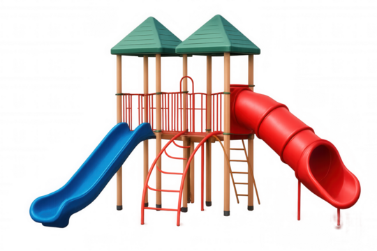 Modern outdoor playground structure with red tube slide, blue open slide, and climbing ladders inviting children to play and engage