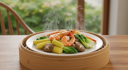 Steaming seafood dish on a wooden table with green vegetables and corn