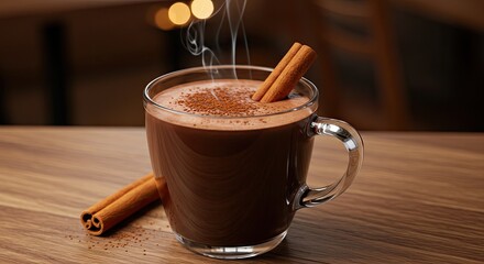 Steaming hot chocolate with cinnamon sticks in clear glass mug