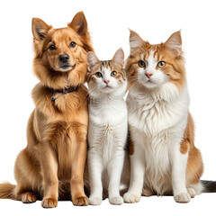 Dog & two cats sitting. Pets posing together