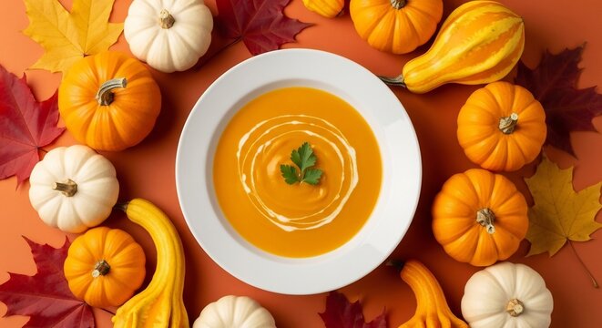 Celebrate autumn with this vibrant pumpkin soup image. Perfect for Thanksgiving menus, fall recipes, seasonal blog posts, and cozy food promotions. Warm, inviting.