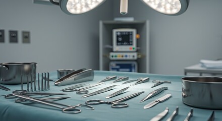 Surgical instruments arranged on operating table under bright overhead lights