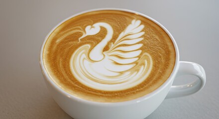 Swan latte art in ceramic cup coffee drink with detailed design