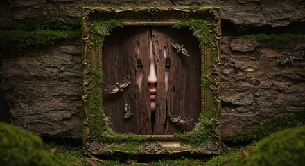 Surreal portrait within a frame surrounded by moths and natural moss