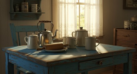 Table setting with tea pots and cups in front of a window