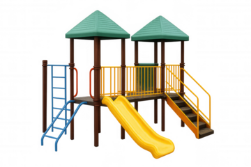 Colorful playground structure featuring slide, stairs, and ladder for children playing, transparent background