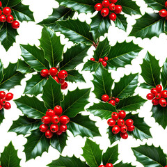 Pattern Holly berries & glossy leaves on black, festive aesthetic