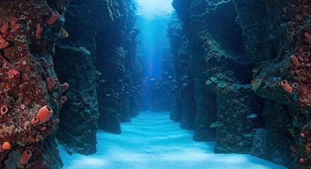 Underwater channel with sunlight illuminating the deep blue ocean