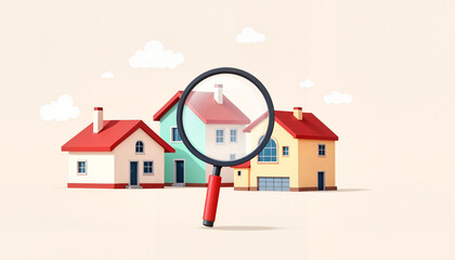 Colorful houses with a magnifying glass on a light background, illustrating real estate search