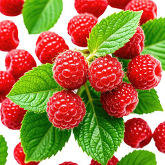 Ripe, red raspberries surround vivid green mint leaves on black background