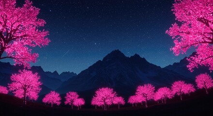 Vibrant pink cherry blossom trees under a starry night sky landscape