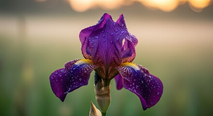 Vibrant purple iris flower with water droplets against a blurred background