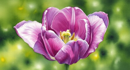 Vibrant purple tulip flower blossom against blurred green backdrop