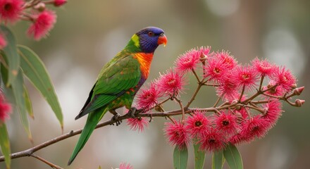 Fototapeta premium Vibrant rainbow lorikeet perched on blooming branch against bokeh background