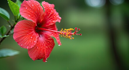 Vibrant red hibiscus flower close up against soft green background