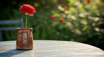 Vibrant red poppy in antique vase on weathered table with blurred garden