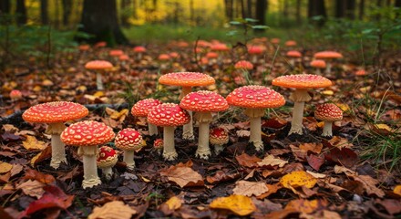 Vibrant red mushrooms in autumn forest illuminated by sunlight